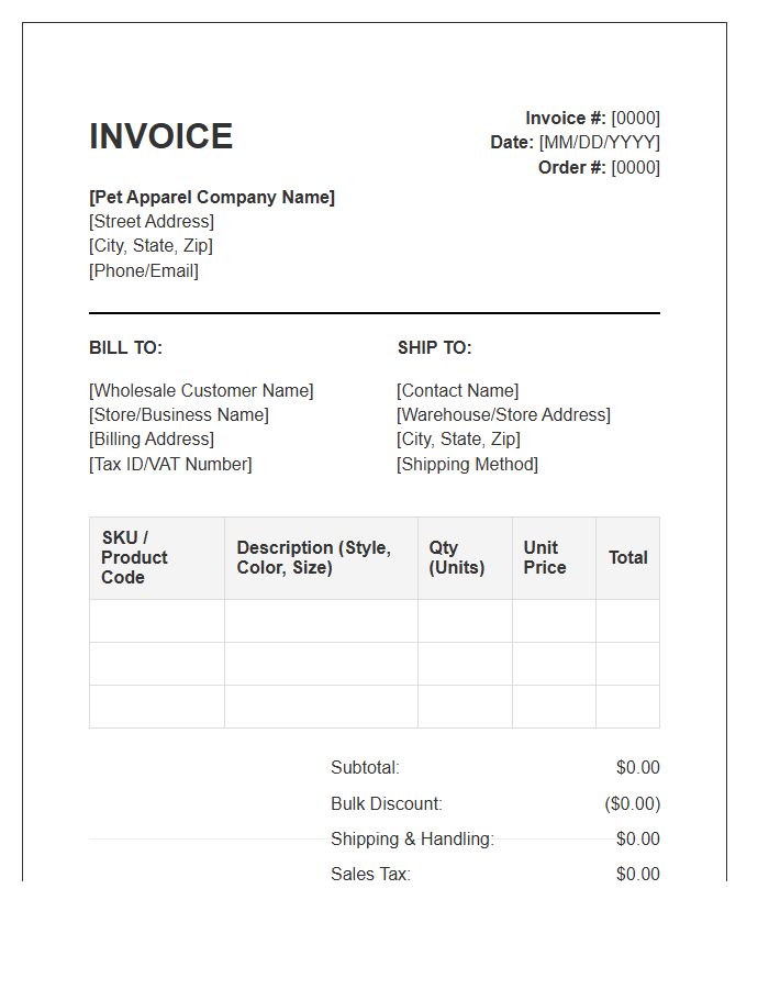 Pet Apparel Bulk Wholesale Invoice Template