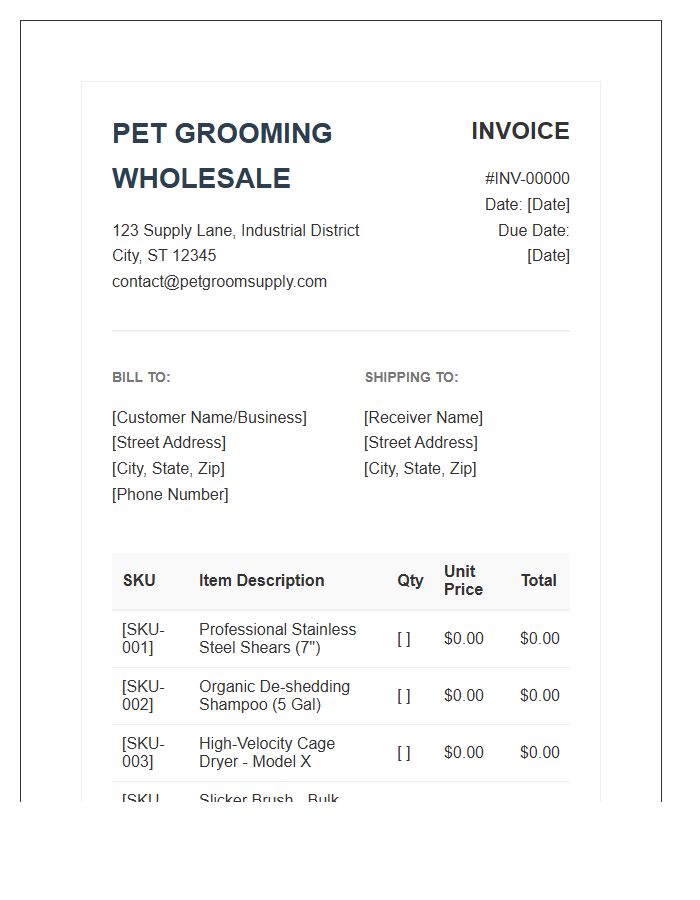 Pet Grooming Supplies Wholesale Invoice Template