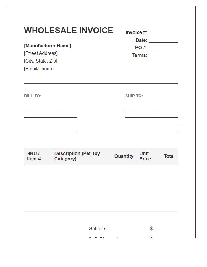 Pet Toy Manufacturer Wholesale Invoice Template