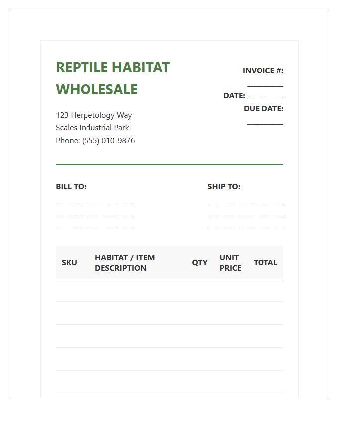 Reptile Habitat Wholesale Invoice Template