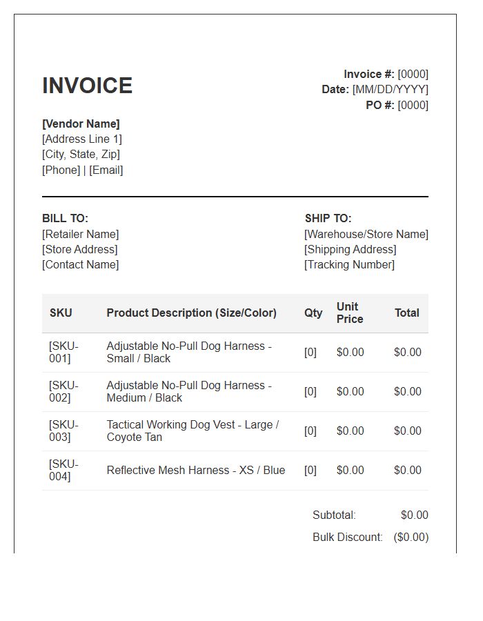 Wholesale Dog Harness Vendor Invoice Template