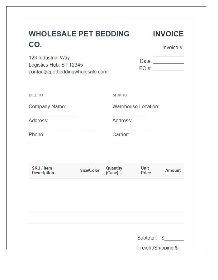 Wholesale Pet Bedding Supplier Invoice Template