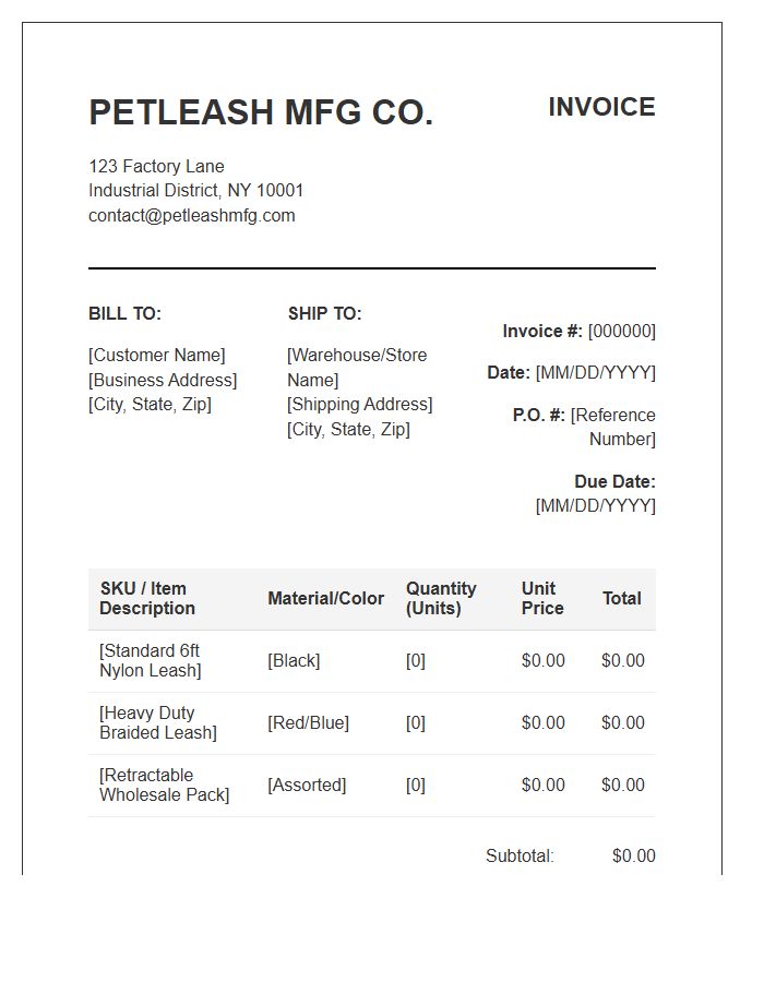 Wholesale Pet Leash Manufacturer Invoice Template