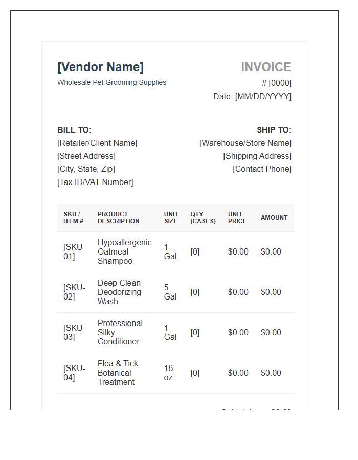 Wholesale Pet Shampoo Vendor Invoice Template
