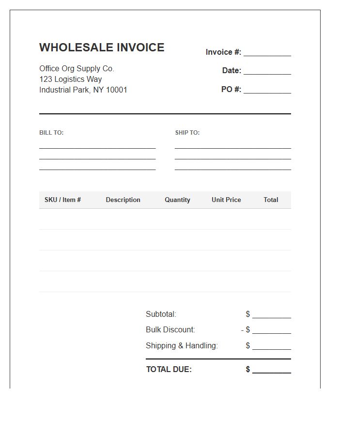 Office Organization Supply Wholesale Invoice Template