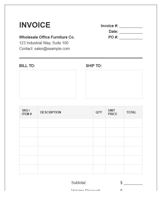 Wholesale Office Furniture Invoice Template