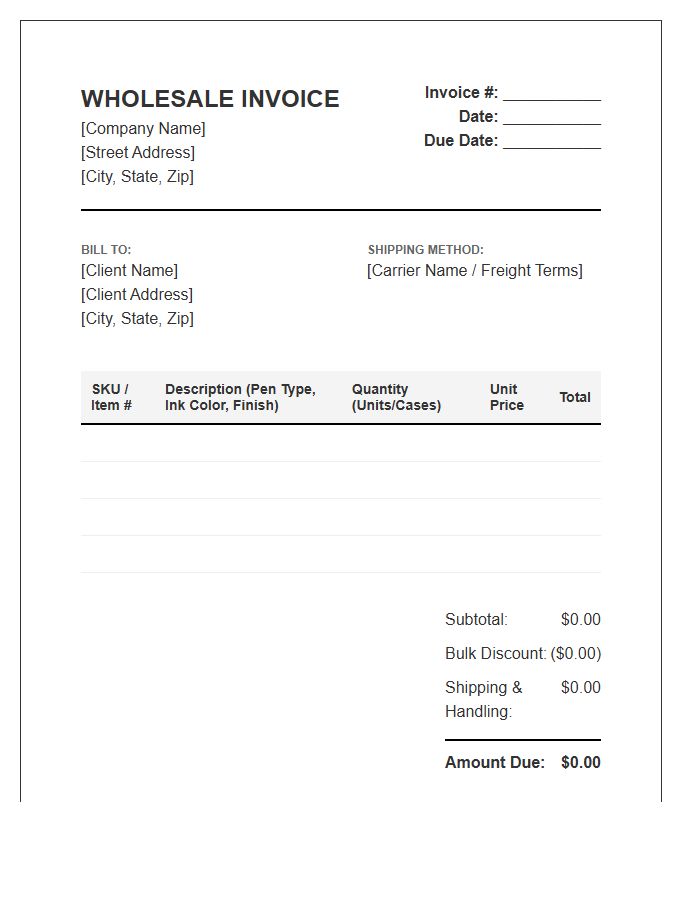 Wholesale Writing Instrument Invoice Template