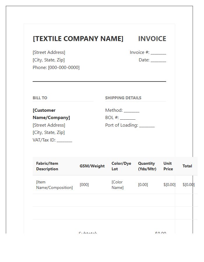 Bulk Textile Order Invoice Template