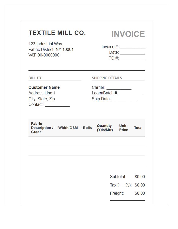 Industrial Textile Billing Invoice Template