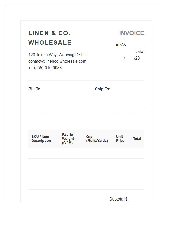 Linen Textile Wholesale Invoice Template