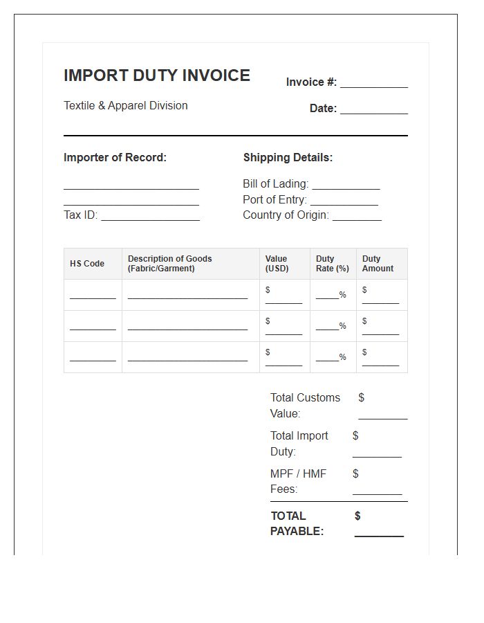 Textile Import Duty Invoice Template