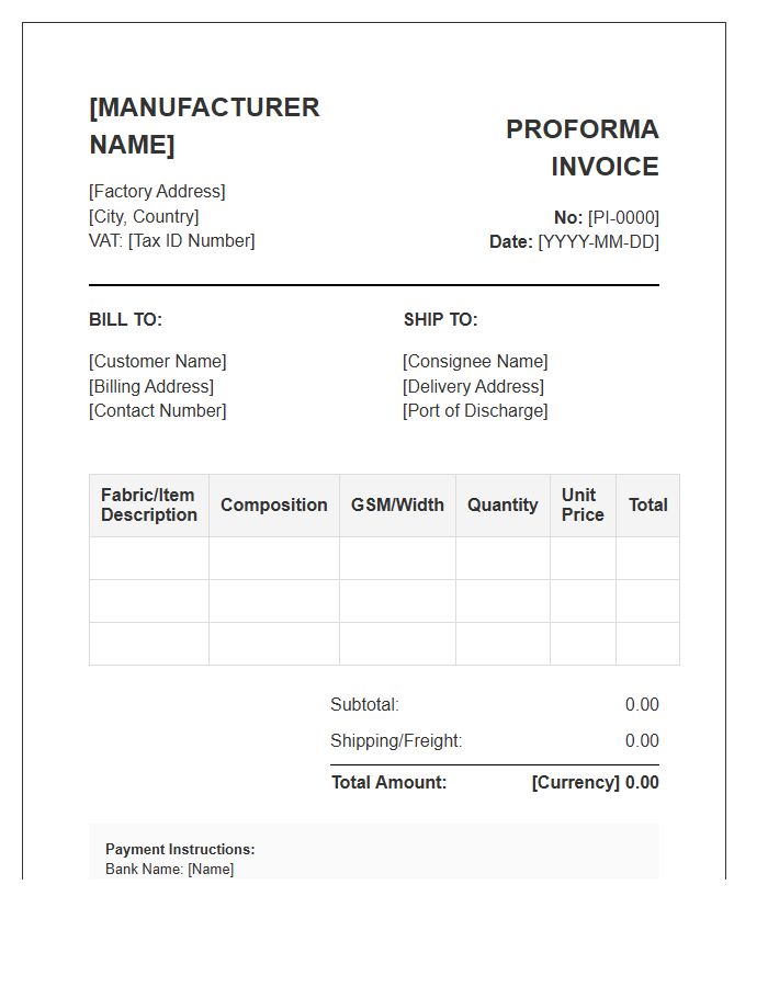 Textile Manufacturer Proforma Invoice Template