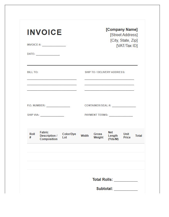 Textile Roll Shipment Invoice Template
