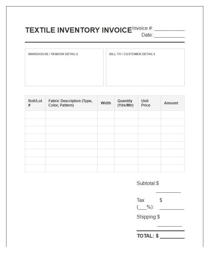 Textile Warehouse Inventory Invoice Template
