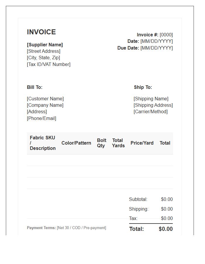 Wholesale Fabric Supplier Invoice Template