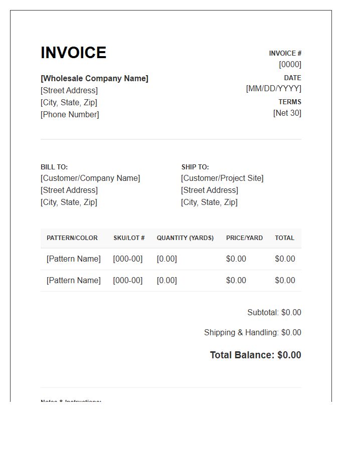 Wholesale Upholstery Fabric Invoice Template