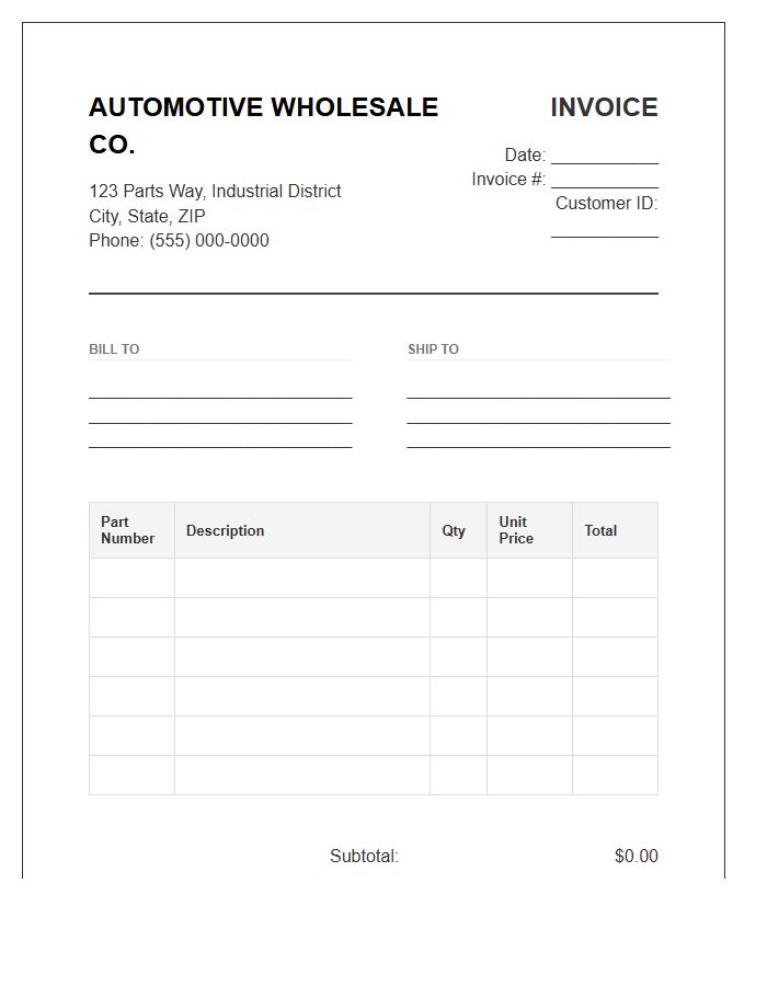 Automotive Parts Wholesale Invoice Template