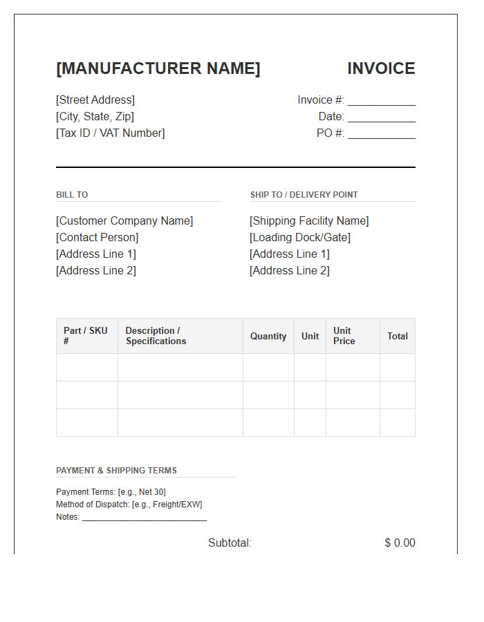 B2B Manufacturing Order Invoice Template