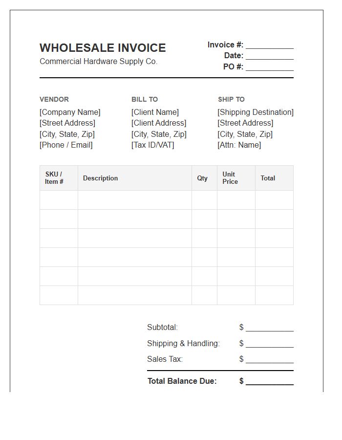 Commercial Hardware Wholesale Invoice Template