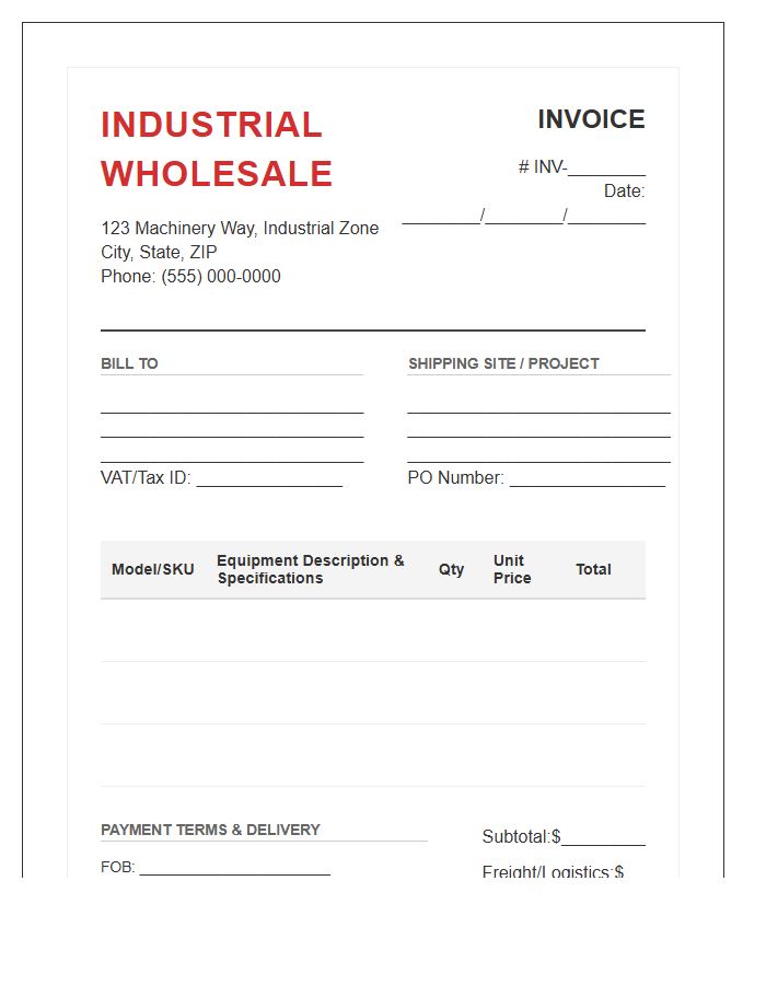 Heavy Equipment Industrial Wholesale Invoice Template