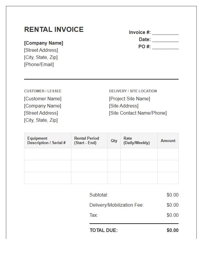 Manufacturing Equipment Rental Invoice Template