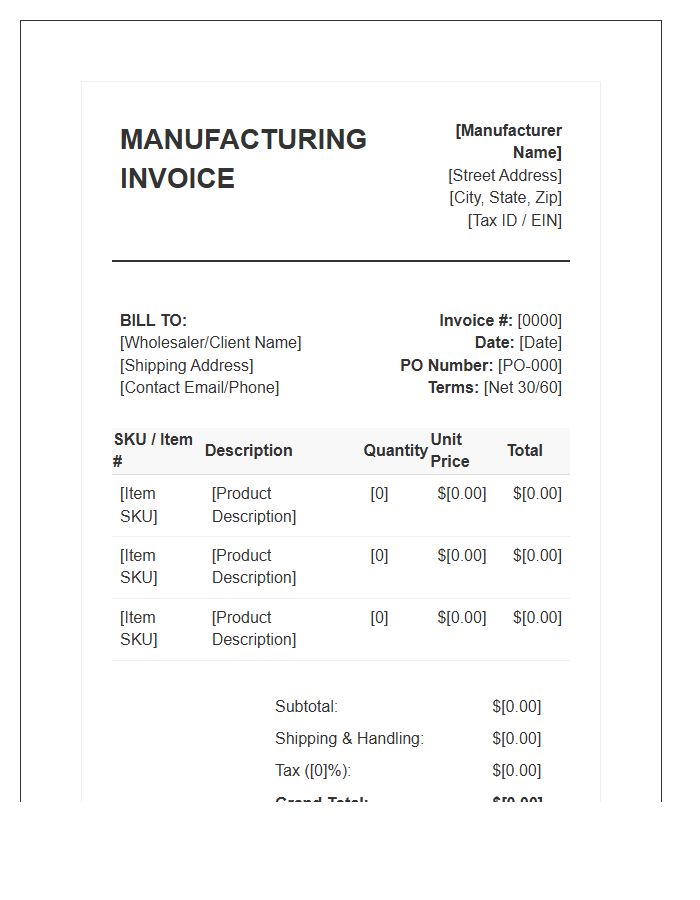 Standard Manufacturing Wholesale Invoice Template