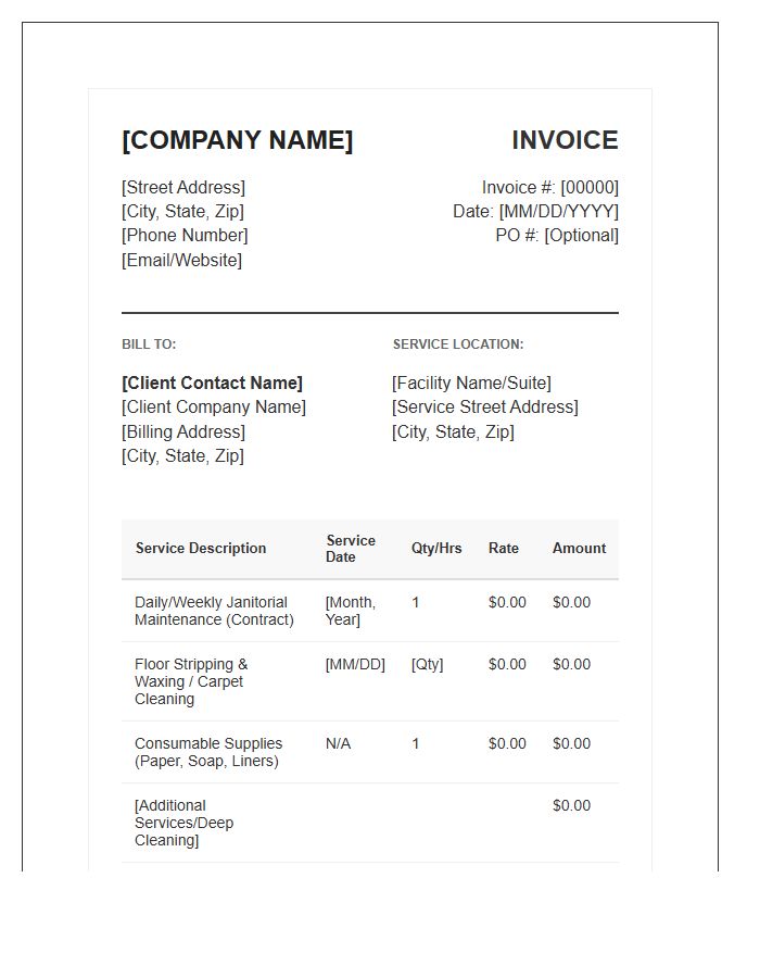 Comprehensive Commercial Janitorial Invoice Template