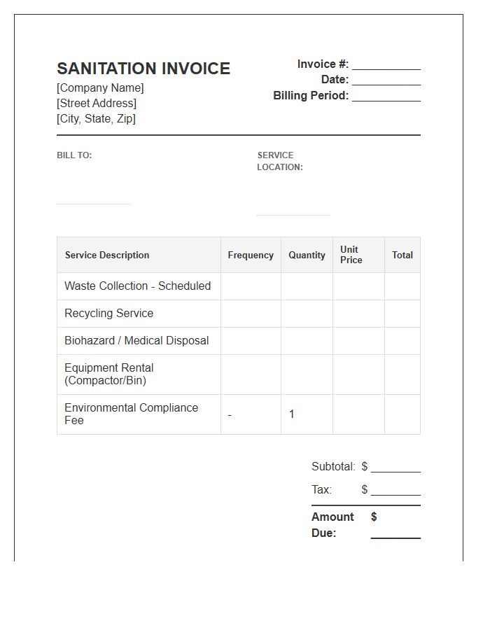 Monthly Commercial Sanitation Invoice Template