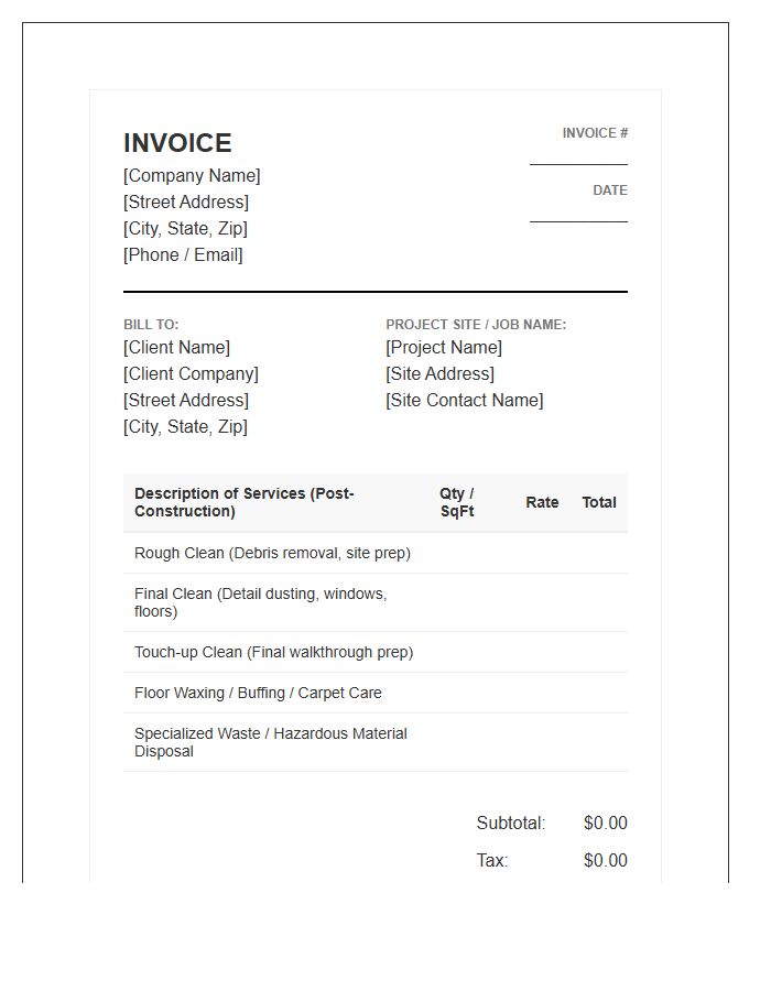 Post Construction Janitorial Invoice Template