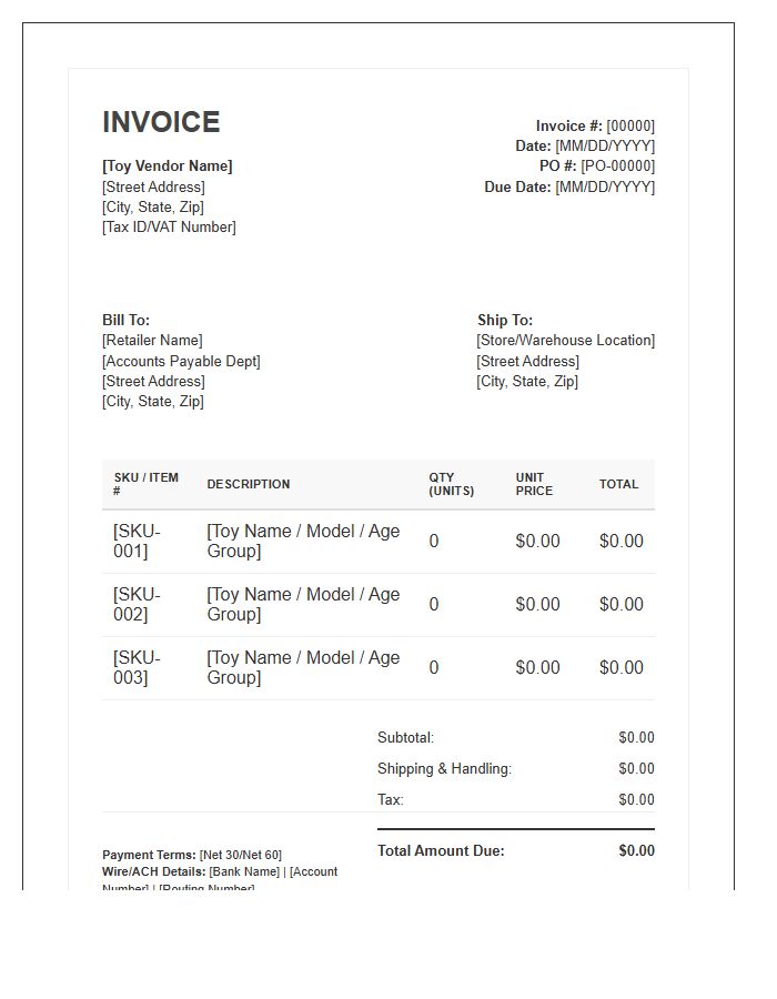 B2B Toy Vendor Invoice Template
