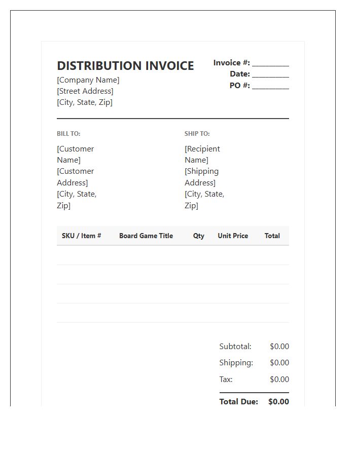 Classic Board Game Distribution Invoice Template