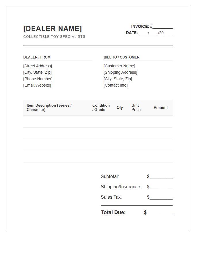 Collectible Toy Dealer Invoice Template
