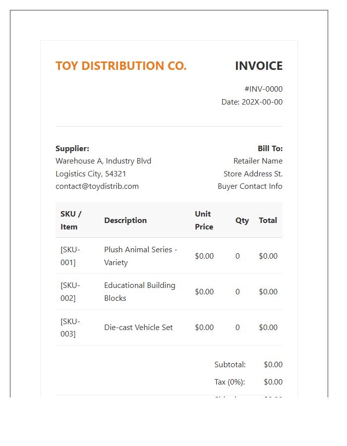 Commercial Toy Supplier Billing Invoice Template
