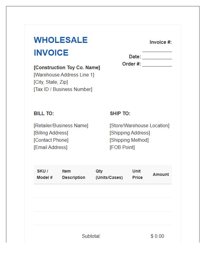Construction Toy Set Wholesale Invoice Template