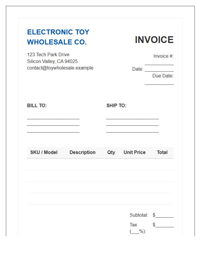 Electronic Toy Wholesaler Invoice Template