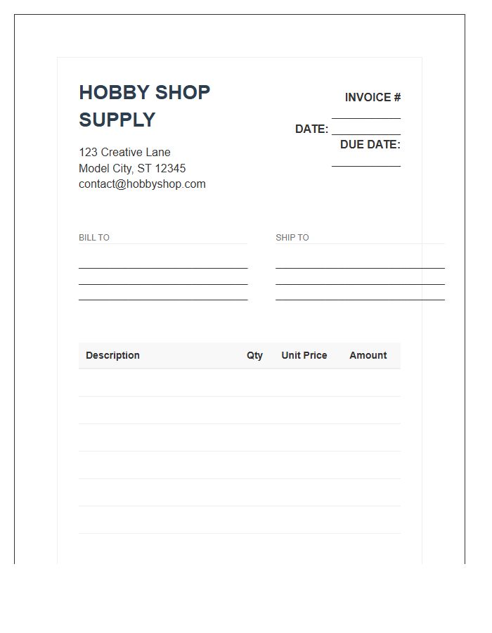 Hobby Shop Supply Invoice Template