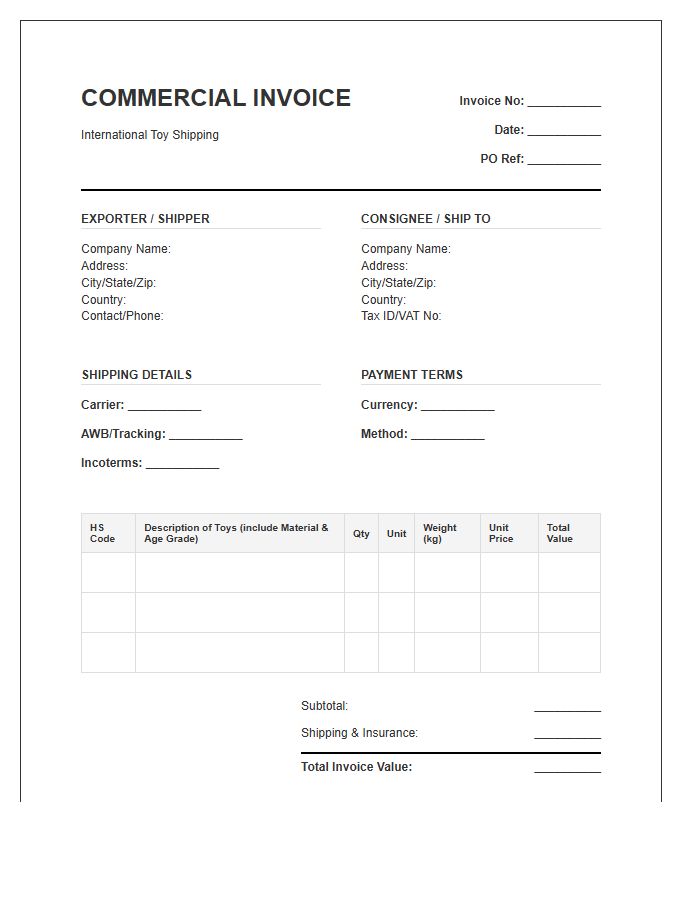 International Toy Shipping Invoice Template