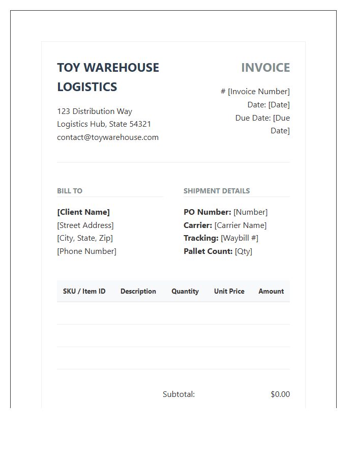 Toy Warehouse Logistics Invoice Template