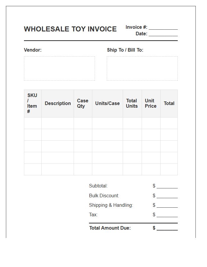 Wholesale Bulk Toy Order Invoice Template