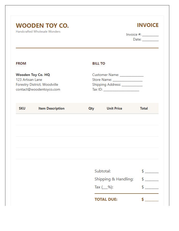 Wooden Toy Wholesale Invoice Template