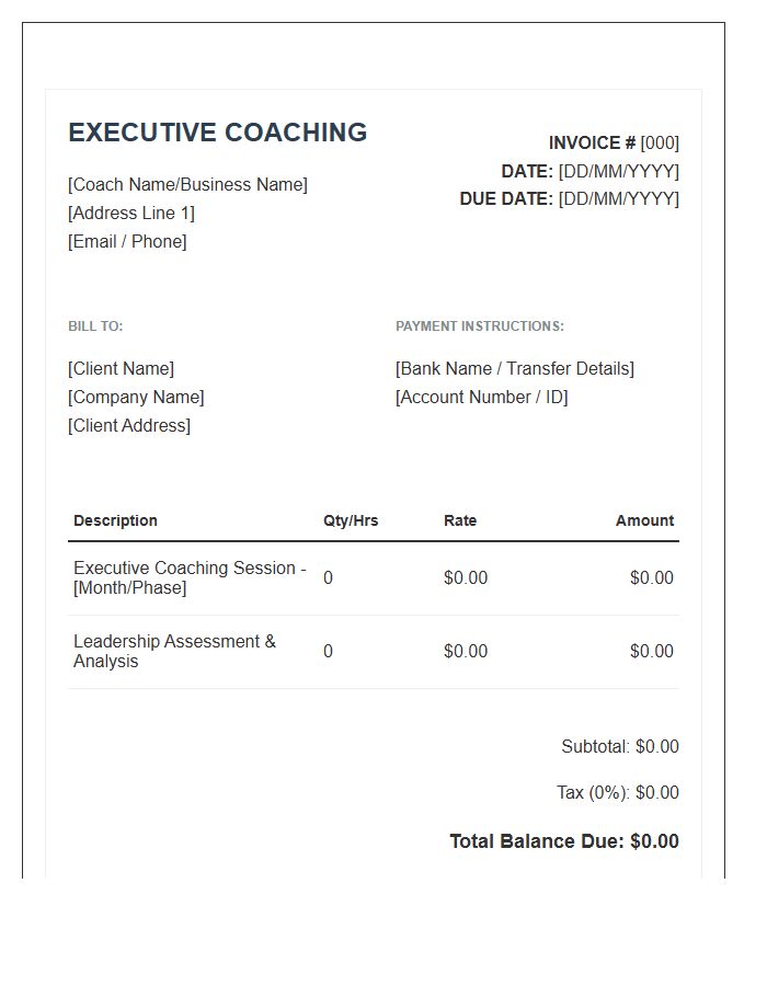Small Business Executive Coaching Invoice Template