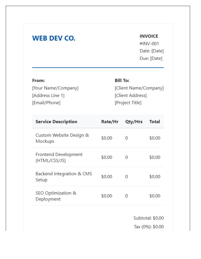 Professional Website Development Service Invoice Template