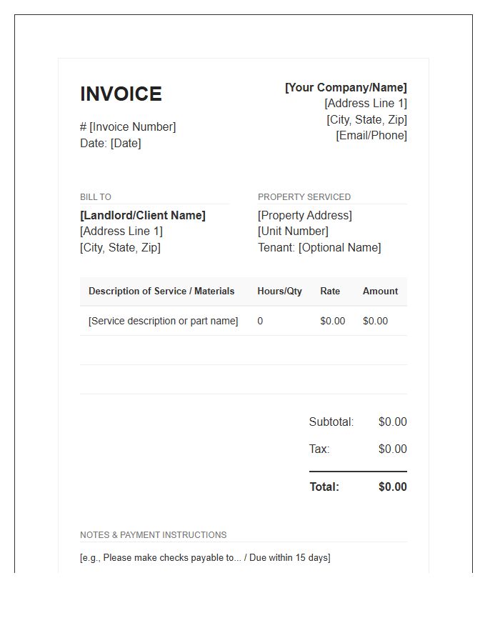 Landlord Property Maintenance Service Invoice Template