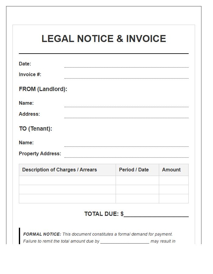 Landlord Tenant Legal Notice Invoice Template