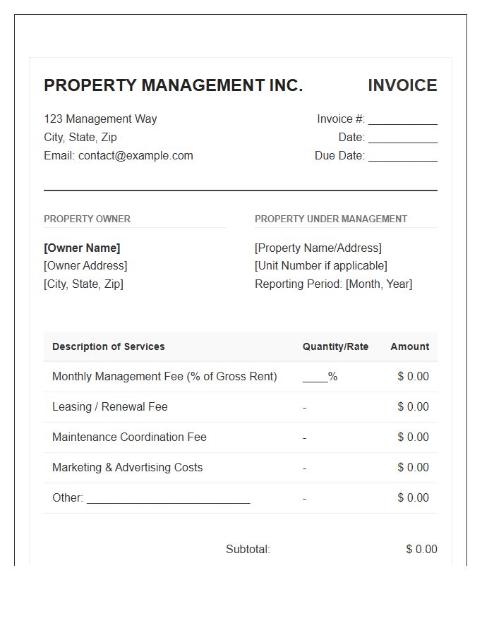 Monthly Residential Property Management Fee Invoice Template