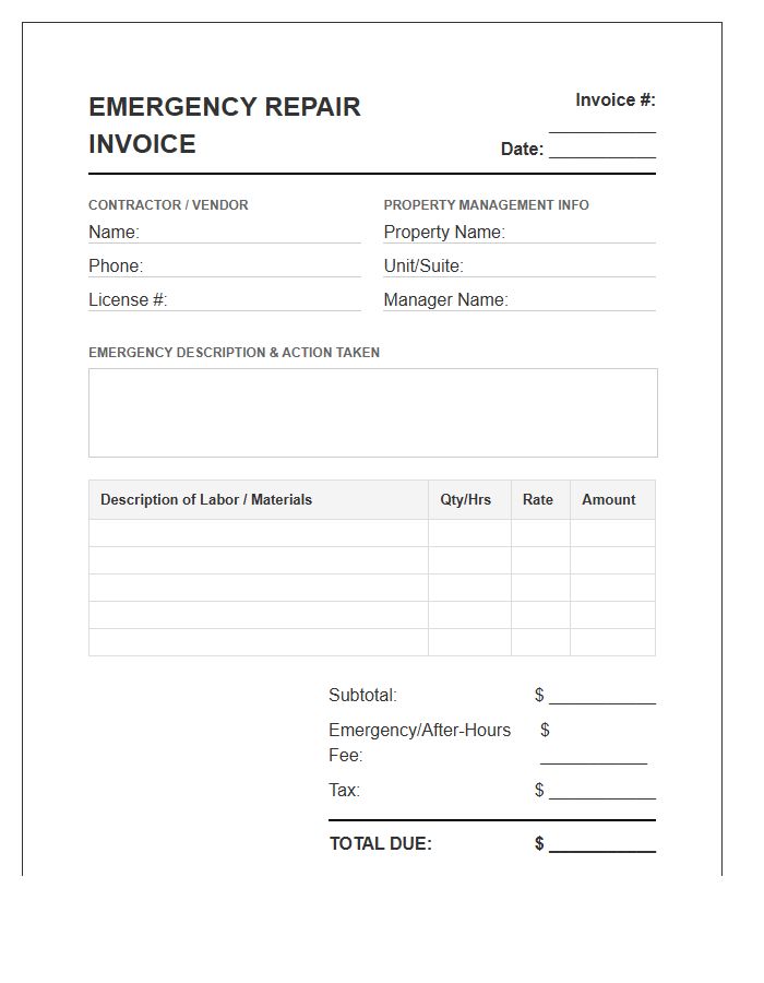 Property Manager Emergency Repair Invoice Template