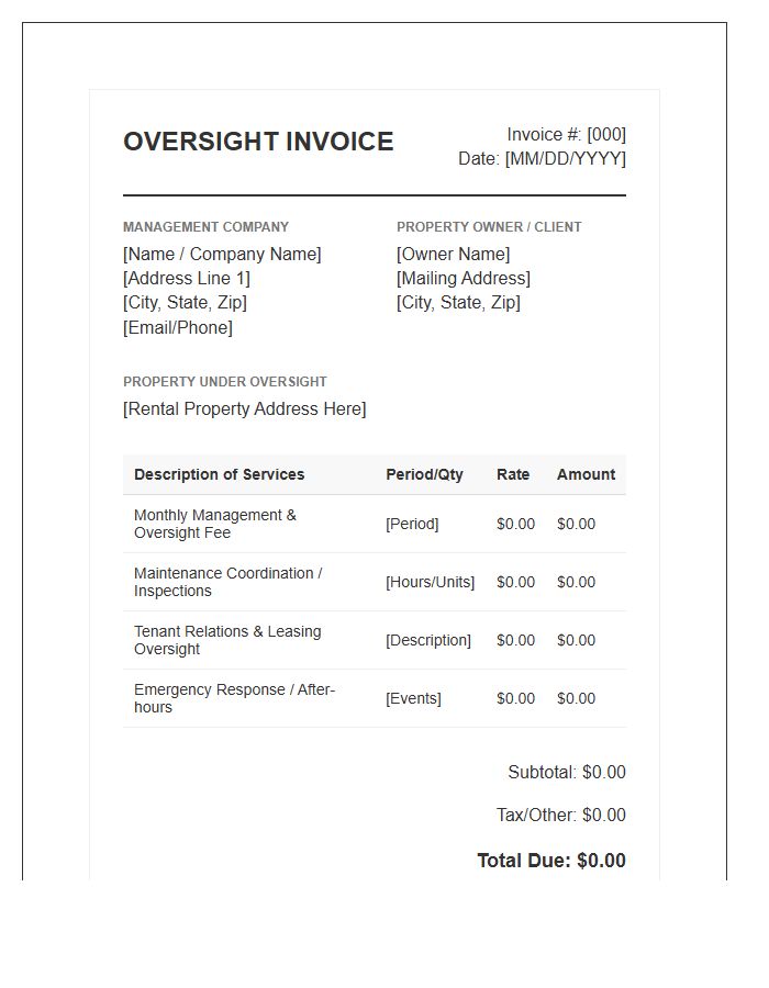 Residential Rental Property Oversight Invoice Template