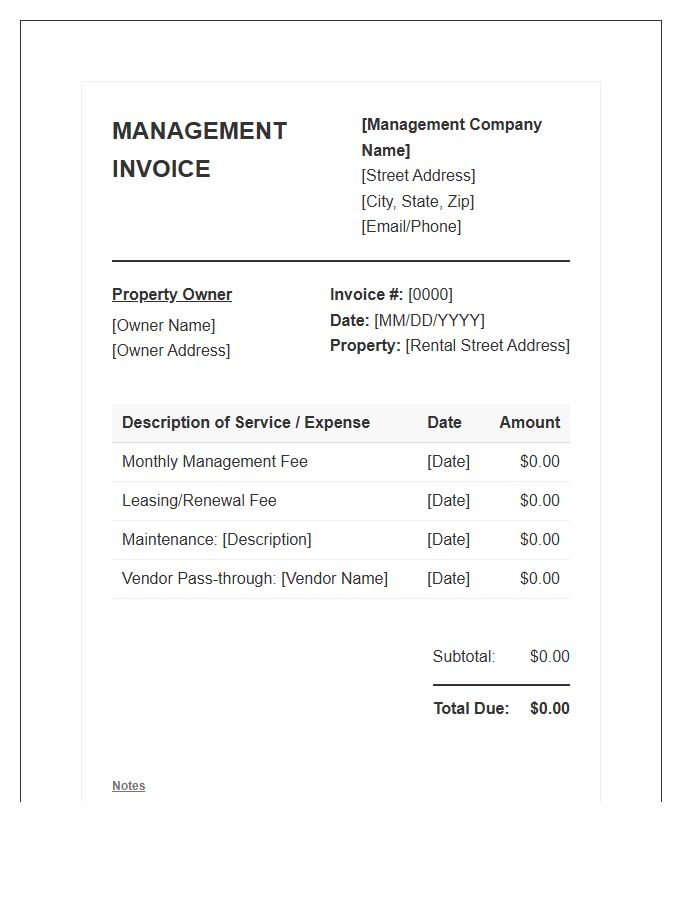 Single Family Rental Management Invoice Template