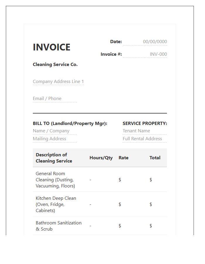 Tenant Move Out Cleaning Invoice Template