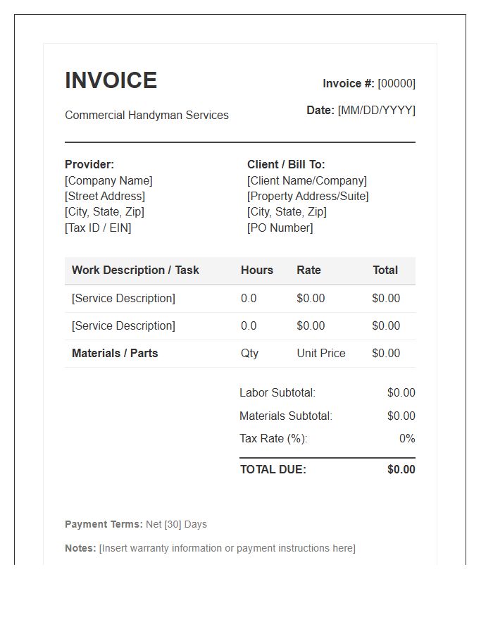 Commercial Handyman Hourly Labor Invoice Template